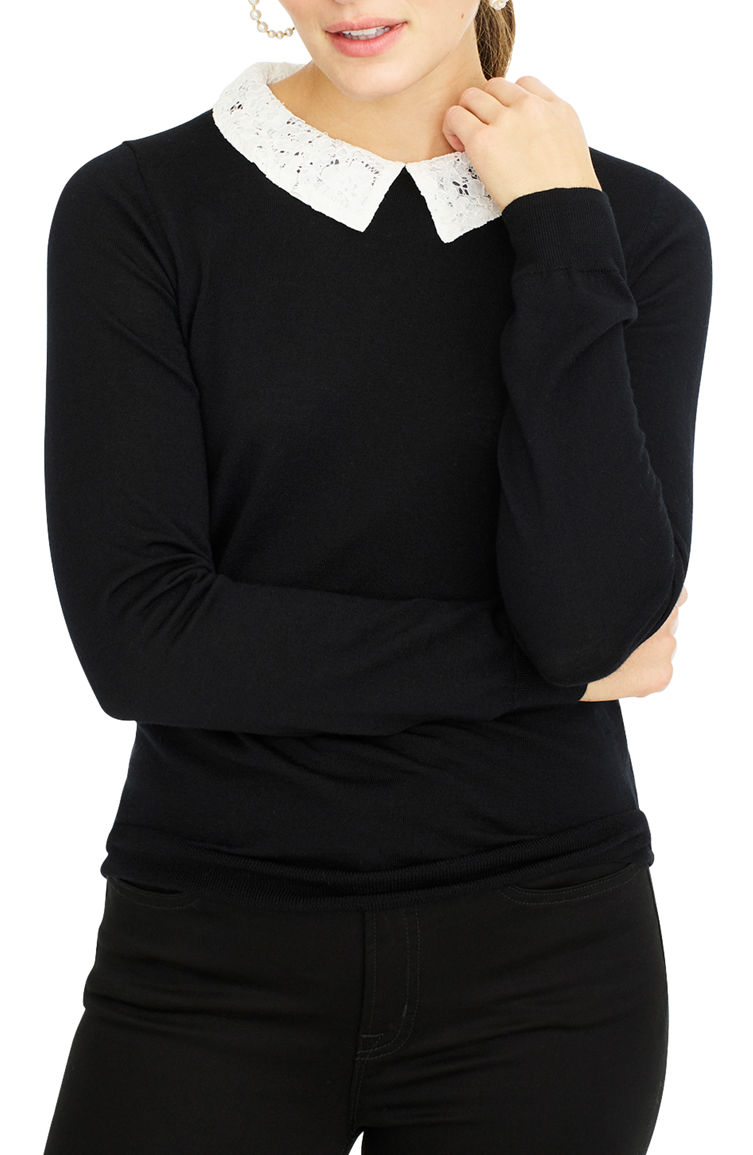 J Crew Tippi Sweater With Lace Collar In Black Modesens