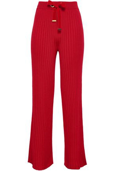 Mother Of Pearl Woman Iona Velvet-trimmed Ribbed-knit Wide-leg Trousers Red