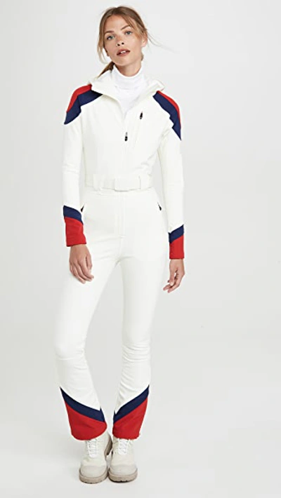 Perfect Moment Allos Chevron-panel Hooded All-in-one Ski Suit In Weiss