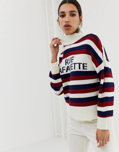 Neon Rose Relaxed Sweater With High Neck In Slogan Stripe - Cream