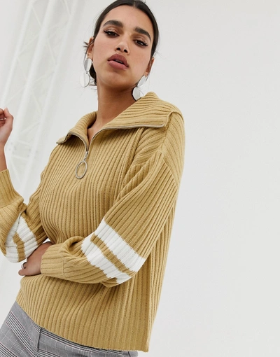 Neon Rose Relaxed Sweater With Half Zip And Stripe Sleeves - Brown