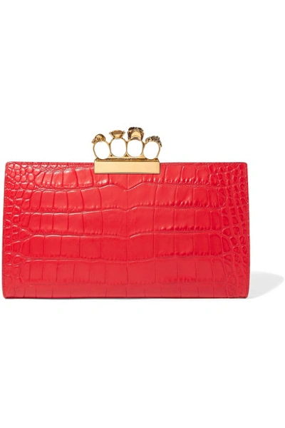 Alexander Mcqueen Four-ring Knuckle Clasp Croc Embossed Leather Clutch In Red