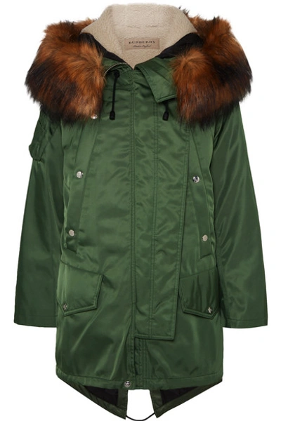 Burberry Faux Fur Trim Parka With Detachable Warmer In Army Green