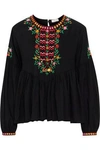 JOIE JOIE WOMAN GHITA EMBROIDERED GATHERED VOILE BLOUSE BLACK,3074457345619791357