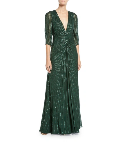 Jenny Packham Tana 3/4-sleeve Beaded V-neck Knotted Gown In Emerald