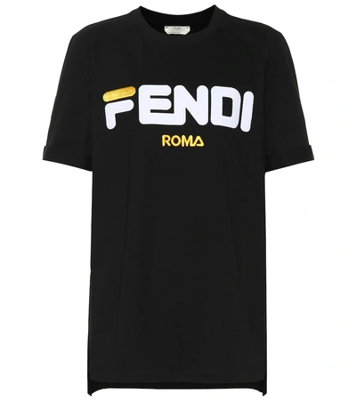Fendi Flocked Embroidered Cotton-jersey T-shirt In Black