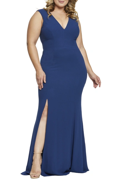 Dress The Population Sandra Plunge Crepe Trumpet Gown In Blue