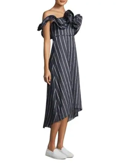 Prose & Poetry Mirabelle Ruffled Off-the-shoulder Striped A-line Dress In Dark Indigo