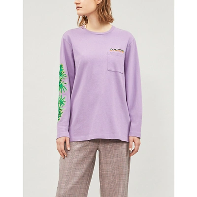 Stussy Leaves Long Sleeved Cotton-jersey T-shirt In Lavendar