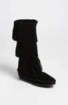Minnetonka Layered Fringe Suede Boots In Black Suede