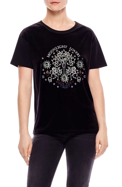 Sandro Teresa ‘moonlight Lovers' Embroidered Velvet And Jersey T-shirt In Black