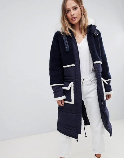 Urbancode Longline Parka Coat With Contrast Borg Trim - Navy