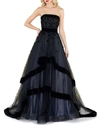 MAC DUGGAL STRAPLESS TIERED GOWN WITH VELVET TRIM & FLORAL APPLIQUES,PROD217810228
