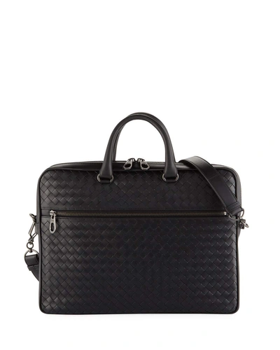 Bottega Veneta Men's Borsa Large Woven Leather Briefcase In Black