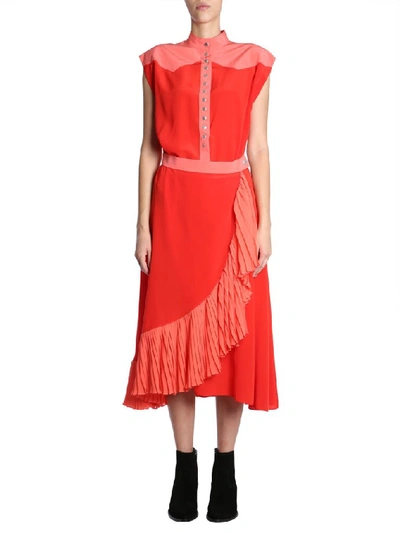 Givenchy Short-sleeve Snap-front Colorblock Crepe De Chine Mid-calf Dress In Red