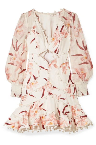 Zimmermann Corsage Pompom-embellished Cutout Floral-print Linen Mini Dress In Ivory Peach Orchid