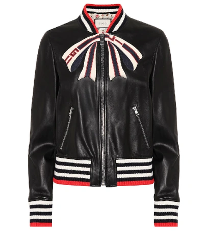 Gucci Trompe L'oeil Bow Nappa Leather Bomber Jacket In Black