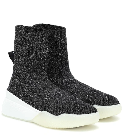 Stella Mccartney Metallic Knit Sock Sneakers In Black