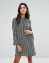 GOLDIE JANEY STRIPED LEAF PRINTED SHIFT DRESS WITH BELL SLEEVES AND NECK TIE-MULTI,1 1396 4 1