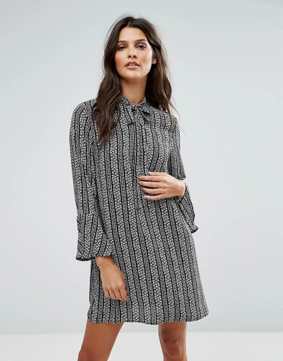 Goldie Janey Striped Leaf Printed Shift Dress With Bell Sleeves And Neck Tie-multi