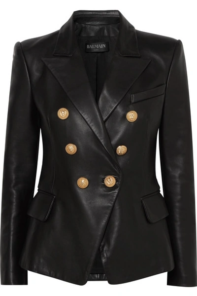 Balmain Black Double-breasted Jacket With Gold-colored Branded Buttons In Soft Leather Woman In Noir