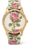 GUCCI G-Timeless floral-print leather and gold-tone watch