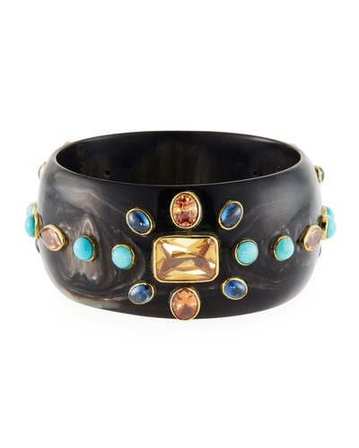 Ashley Pittman Bure Dark Horn Bangle W/ Mixed Stones In Brown