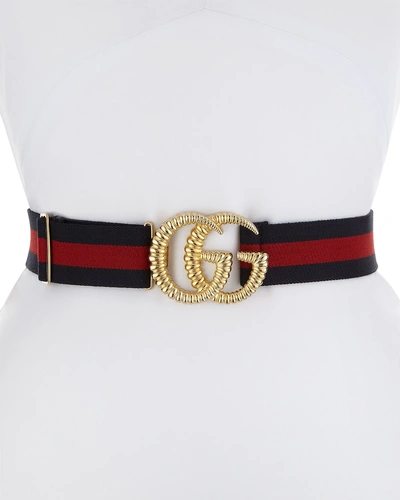 Gucci Piccadilly Moon Elastic Web Belt W/ Textured Gg Buckle In Blue