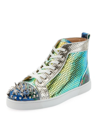 Christian Louboutin Men's Spiked Metallic Holographic Mid-top Sneakers In Green