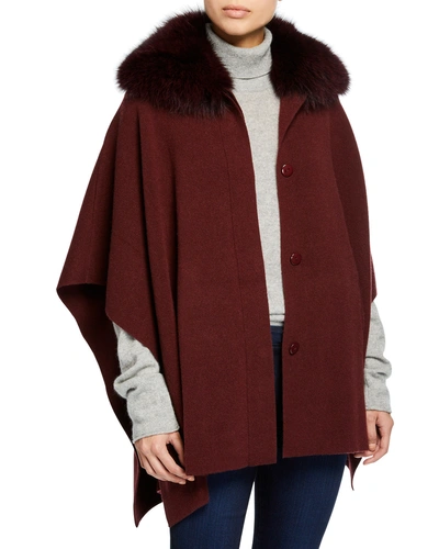 Sofia Cashmere Button-front Cashmere Cape W/ Fur Collar In Bordeaux