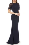 CARMEN MARC VALVO INFUSION SEQUIN LACE SLEEVE CREPE GOWN,661811