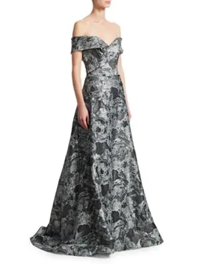 Rene Ruiz Off-the-shoulder Fil Coupé Sequin Ball Gown In Pewter