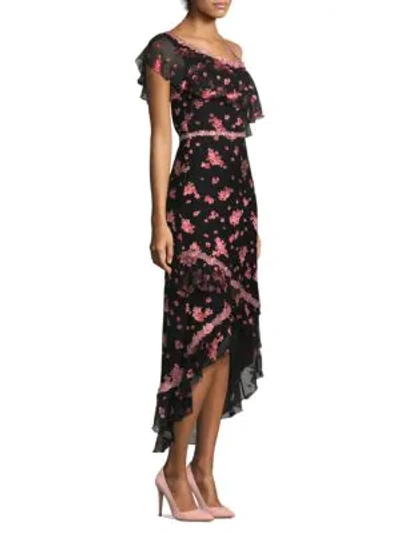 Alice And Olivia Alice + Olivia Woman Guipure Lace-trimmed Floral-print Silk-blend Chiffon Dress Black In Black Multi