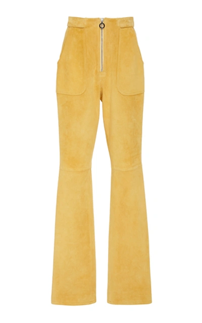 Sally Lapointe Zip Front Flared Suede Trousers In Yellow