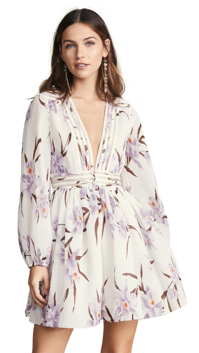 Zimmermann Corsage Floral Plisse Long-sleeve Mini Dress In Lilac Ivory
