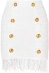 BALMAIN BUTTON-EMBELLISHED FRINGED BOUCLÉ MINI SKIRT