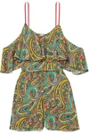 ETRO COLD-SHOULDER RUFFLED PRINTED SILK-CHARMEUSE PLAYSUIT