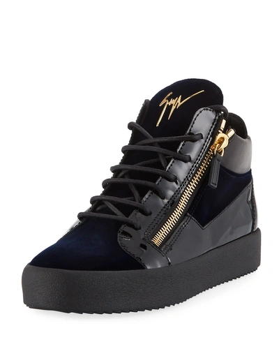 Giuseppe Zanotti Men's Velvet Patent Leather Mid-top Sneakers In Navy