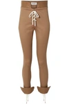 MONSE MONSE WOMAN LACE-UP LEATHER-TRIMMED COTTON-BLEND TWILL SKINNY PANTS SAND,3074457345619705854
