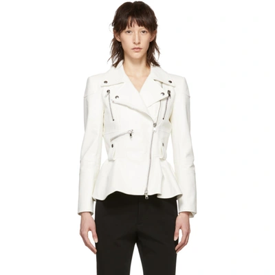 Alexander Mcqueen Peplum Leather Biker Jacket In Ivory