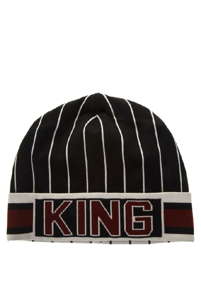 Dolce & Gabbana Striped King Logo Beanie In Black