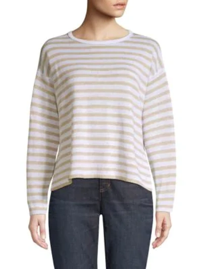 Eileen Fisher Plus Size Striped Organic Linen Knit Sweater In White Natural