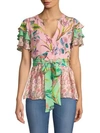 BANJANAN Jaya Contrast Floral & Avian Print Tie Short-Sleeve Silk Blouse