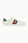 GUCCI Ace faux pearl-embellished metallic watersnake-trimmed leather sneakers