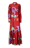 La Doublej Printed Silk Maxi Shirt Dress In Red