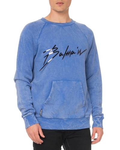 Balmain Distressed-effect Logo-print Cotton Sweatshirt In Blue