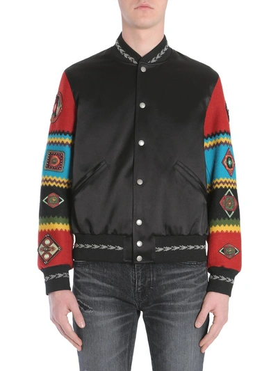 Saint Laurent Wool Varsity Jacket With Embroidered Sleeves In Black