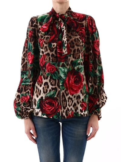 Dolce & Gabbana Leopard And Rose-print Pussy-bow Silk-blend Blouse In Animal Print