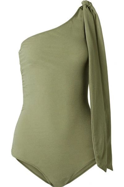 Lisa Marie Fernandez Arden One-shoulder Ruched Stretch-crepe Swimsuit In Army Green