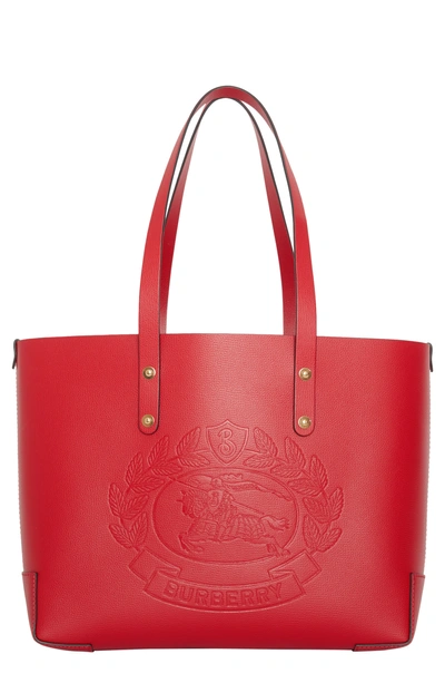 Burberry Small Leather Shoulder Tote Bag With Crest In Red